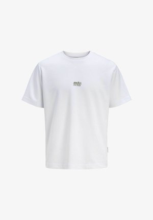 T-shirt blanc à manches courtes et col rond avec un petit logo "Jack & Jones" centré en vert olive clair sur la poitrine.