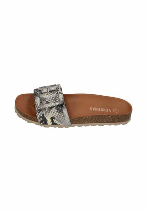 Slide sandal with brown footbed, cork sole, and single wide adjustable strap in black, white, and gray snakeskin pattern.