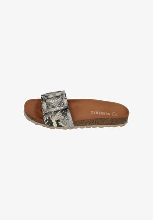 Slide sandal with brown footbed, cork sole, and single wide adjustable strap in black, white, and gray snakeskin pattern.