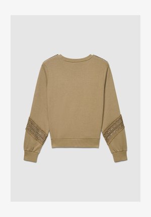 Felpa beige a maniche lunghe con dettagli intricati in pizzo e perline sulla parte superiore delle braccia e sulle spalle, polsini e orlo a coste.