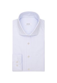 Camicia azzurra chiara con bottoni, realizzata in tessuto dalla superficie liscia. Colletto classico, taschino sul petto e bottoni in perla.