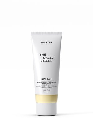 Mantle The Daily Shield SPF 50+ avanceret solbeskyttende fugtighedscreme tube med bredspektret UVA- og UVB-beskyttelse.