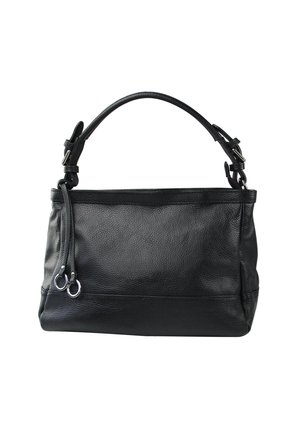 Schwarze Ledertasche mit kurzem verstellbarem Trageriemen und zwei dekorativen Lederquasten mit Metallringen auf einer Seite.