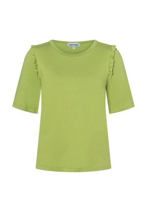 Lichtgroen topje met korte mouwen, ronde hals en kleine ruches langs de schoudernaden, maat 36 van het merk MORE & MORE.