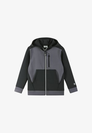 Felpa con zip in nero e grigio, realizzata in tessuto morbido e testurizzato. Presenta un cappuccio, tasche frontali e una tasca sul petto con zip.