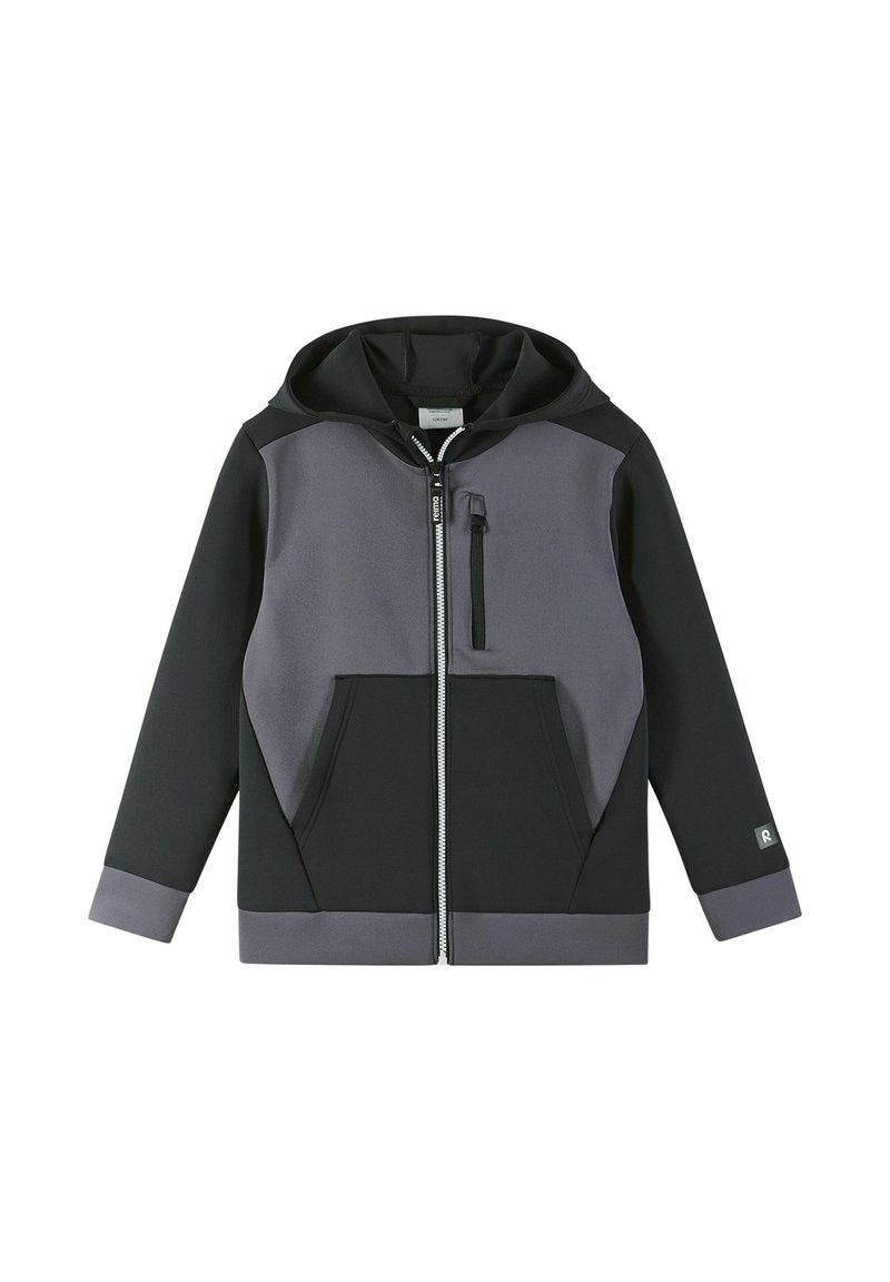 Felpa con zip in nero e grigio, realizzata in tessuto morbido e testurizzato. Presenta un cappuccio, tasche frontali e una tasca sul petto con zip.