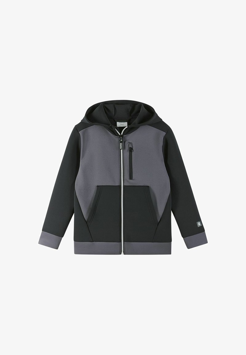 Felpa con zip in nero e grigio, realizzata in tessuto morbido e testurizzato. Presenta un cappuccio, tasche frontali e una tasca sul petto con zip.