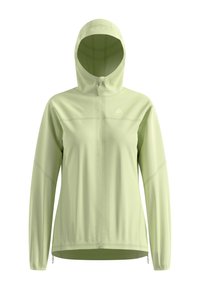 Light green hooded jacket, featuring a zip closure, long sleeves, and a moisture-wicking texture. Simple design with minimal accents.