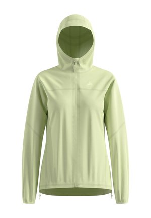 Light green hooded jacket, featuring a zip closure, long sleeves, and a moisture-wicking texture. Simple design with minimal accents.