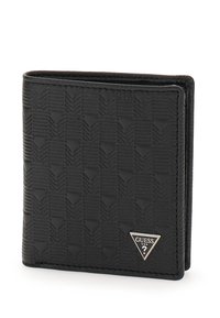 Portefeuille noir en matériau texturé avec un motif géométrique, présentant un logo en matériel argenté en forme de triangle sur un côté.