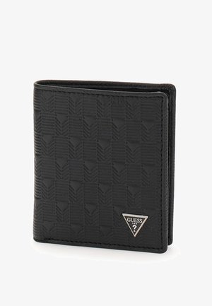 Black wallet made of textured material with a geometric pattern, featuring a triangular silver hardware logo on one side.