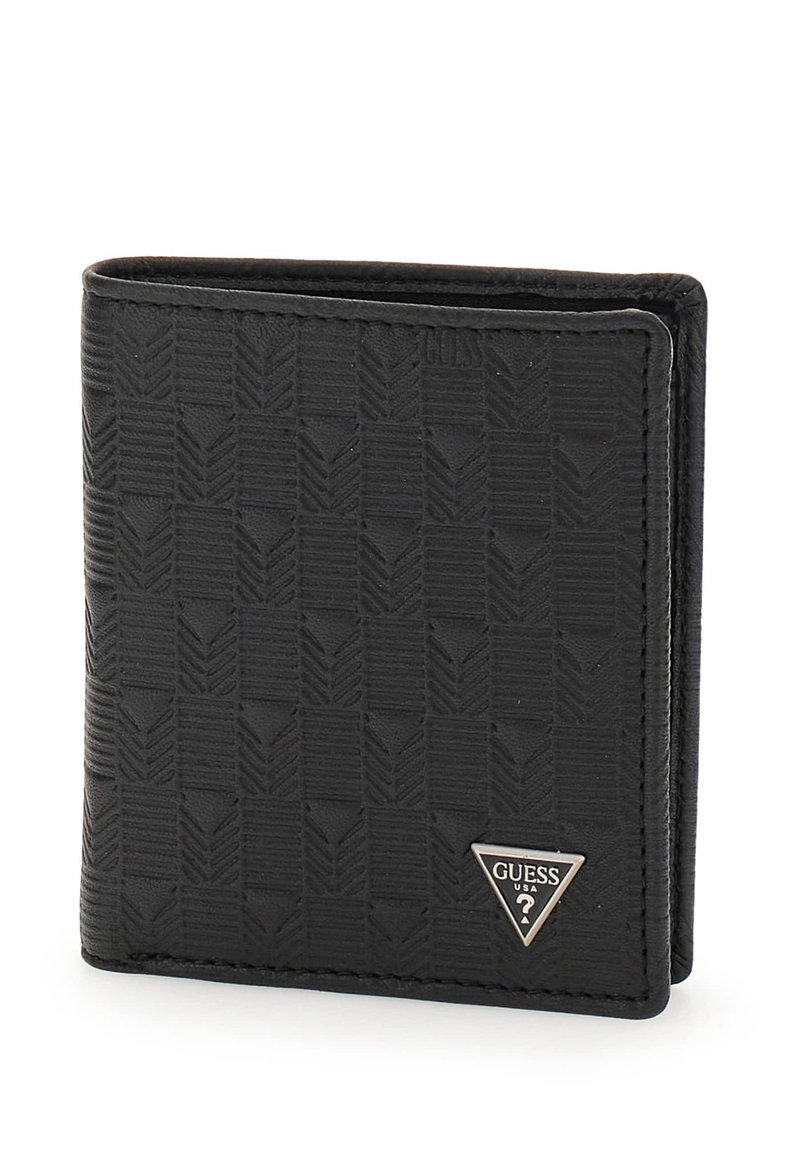 Portefeuille noir en matériau texturé avec un motif géométrique, présentant un logo en matériel argenté en forme de triangle sur un côté.