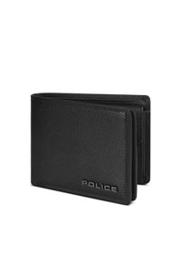 Billetera bifold de cuero negro con una superficie texturizada, que presenta un logotipo "POLICE" desembosado en la parte delantera y múltiples slots para tarjetas en su interior.