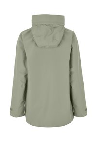 Vaaleanvihreä vedenpitävä takki, jossa kiinnitetty huppu, pitkät hihat ja säädettävät hihansuut, kuvattu takaa.