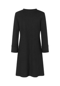 Schwarzes langärmliges Kleid mit rundem Ausschnitt, A-Linien-Silhouette und Manschetten. Glatte Textur, knielanges Design, ohne sichtbare Muster oder Akzente.