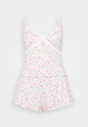 Floral print sleepwear set featuring a white background with pink and green accents, lace trim, and a flared bottom with shorts.
