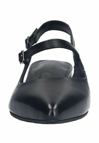 Ballerine in pelle nera con cinturino alla caviglia regolabile, design a punta, texture liscia e hardware minimal. La suola appare flessibile.