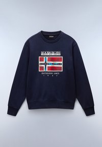 Sudadera azul marino de algodón. Presenta un diseño gráfico multicolor con un motivo de bandera y texto. Cuello y puños acanalados.