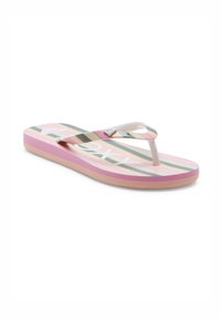 Růžové a zelené proužkované flip-flop sandály s bílým thong páskem a stříbrným logem. Flexibilní materiál a plochý design podešve.