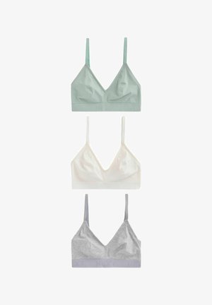 Trzy prążkowane topy bralette w kolorze mięty, ecru i szarym, każdy z cienkimi regulowanymi ramiączkami i elastycznymi pasami pod biustem.