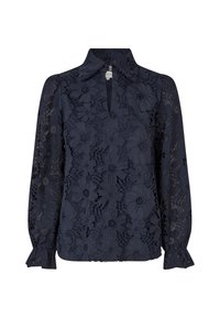 Marinebluse aus Spitze mit Blumenmuster, mit Kragen und langen Ärmeln mit gerafften Manschetten. Mit einem Schlüsselhole-Detail an der Vorderseite.