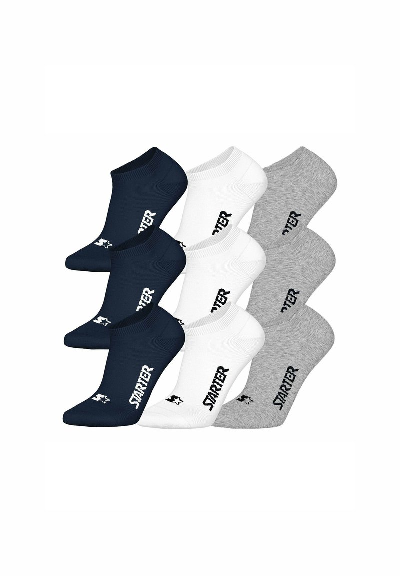 Neun niedrig geschnittene Socken in Marineblau, Weiß und Grau, jeweils mit einem "Starter"-Logo und einem Sterne-Graphic an der Seite und der Zehe.