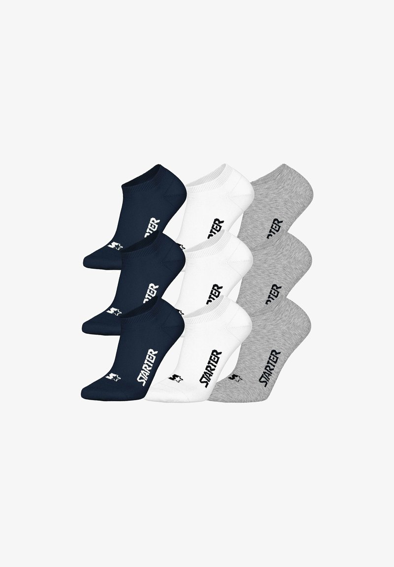 Neun niedrig geschnittene Socken in Marineblau, Weiß und Grau, jeweils mit einem "Starter"-Logo und einem Sterne-Graphic an der Seite und der Zehe.
