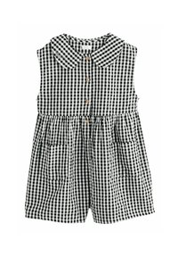 Rompers sans manches à carreaux vichy noir et blanc avec un col rond, des boutons en bois et deux poches avant, présentant une taille froncée.