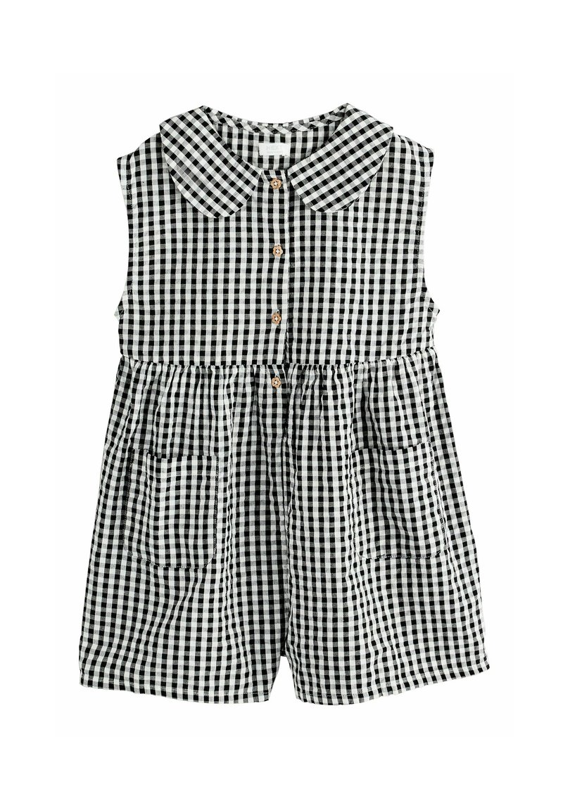 Rompers sans manches à carreaux vichy noir et blanc avec un col rond, des boutons en bois et deux poches avant, présentant une taille froncée.