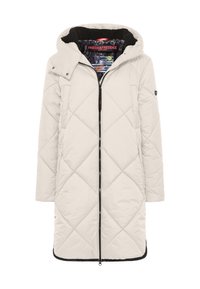Lichtbeige pufferjas met een ruitpatroon, ritssluiting, afneembare capuchon en zwarte accenten aan de zoom en rits. Zachte binnenvoering.