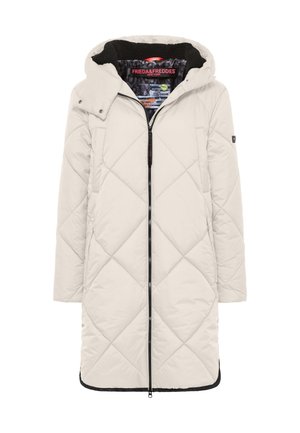 Lichtbeige pufferjas met een ruitpatroon, ritssluiting, afneembare capuchon en zwarte accenten aan de zoom en rits. Zachte binnenvoering.