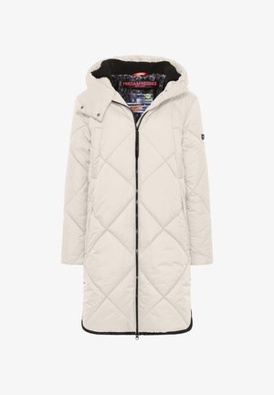 Hellbeige Pufferjacke mit einem Rautenmuster, Reißverschluss, abnehmbarem Kapuze und schwarzen Akzenten am Saum und Reißverschluss. Weiche Innenauskleidung.