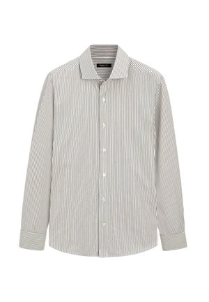 Proužkovaná košile s dlouhým rukávem v bílé a námořnické modři, s klasickým límečkem, zapínáním na knoflíky a kontrastními manžetami s vertikálními pruhy.