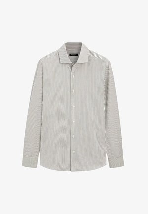 Langærmet skjorte med hvide og marineblå striber, der har en klassisk krave, knaplukning foran og kontrasterende manchetter med lodrette striber.