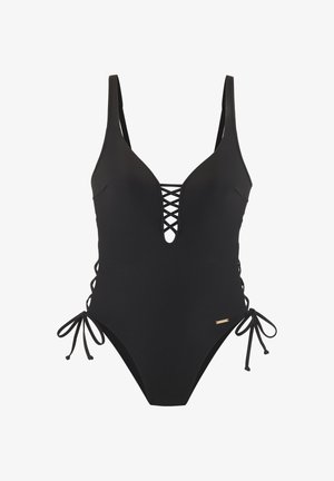 Schwarzer einteiliger Badeanzug mit tiefem V-Ausschnitt, geschnürter Vorderseite, verstellbaren Seitenbändern und einem goldfarbenen Akzent an der Hüfte. Glatte Textur.