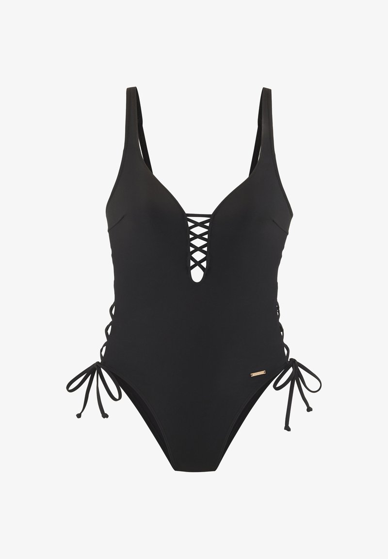 Μαύρο ολόσωμο μαγιό με βαθύ V-ντεκολτέ, κορδόνια μπροστά, ρυθμιζόμενους πλευρικούς κορδόνους και χρυσό τόνο στην περιφέρεια. Απαλή υφή.