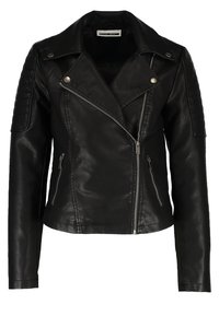 Black leather biker jacket with a fitted design, asymmetric zipper, textured shoulders, and two front zip pockets. Smooth finish.