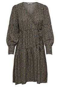 Schwarzes Blumenkleid mit langen Puffärmeln, Wickeloptik und gestuftem Saum. Es hat kleine rosa Blumen und eine taillierte Taille für Form.