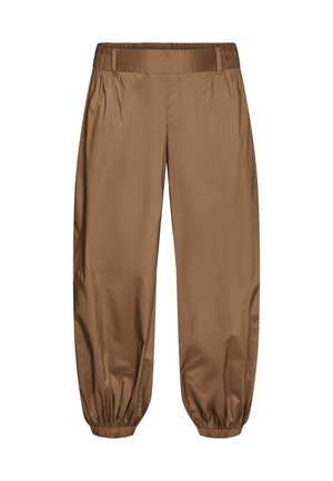 Pantalon de jogging marron avec taille et chevilles élastiques, coupe décontractée sans poches ni décorations visibles.