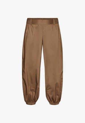 Pantalon de jogging marron avec taille et chevilles élastiques, coupe décontractée sans poches ni décorations visibles.