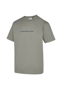 Gray cotton t-shirt with short sleeves, round neck, and printed text in blue across the chest. Classic fit with a smooth texture.