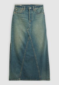Denimskjørt med høy midje, i mellomblå farge. Har en markant søm foran, sidelommer og standard design med fem lommer.