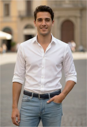Jonge man met donker haar die een wit overhemd met opgerolde mouwen en lichtblauwe spijkerbroek draagt, staand buiten in een stedelijke omgeving.