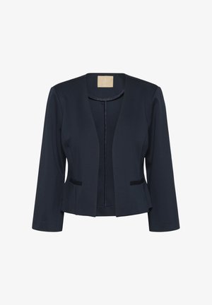 Navy blazer with a tailored fit, open front, long sleeves, and small side pockets. Smooth fabric with minimal accents for a clean look.