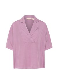 Lavandas īsām piedurknēm krekls ar salocītu apkakli, ar V veida kakla izgriezumu un brīvu piegriezumu. Izgatavots no mīksta, viegla auduma.