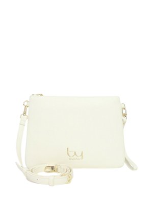 Borsa a tracolla rettangolare bianca con tracolla removibile, dettagli in metallo color oro e piccolo logo al centro davanti.