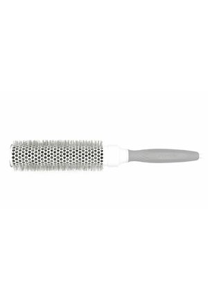 Round metal hairbrush with white and gray handle and fine bristles around a perforated barrel for heat styling.