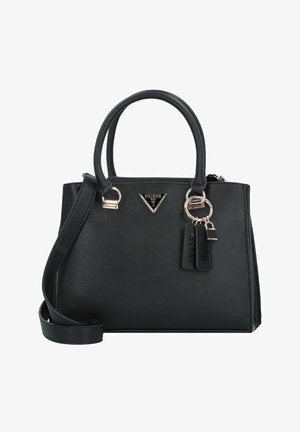 Geantă de mână din material sintetic negru cu finisaj texturat, mânere duble și curea de umăr detașabilă. Prezintă accesorii de culoare argintie și detalii cu logo.