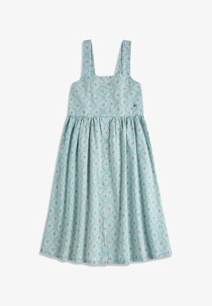 Svetlomodré šaty bez rukávov so zapínaním na gombíky vpredu a geometrickým kvetinovým vzorom v bielej a žltej farbe, s širokými ramennými popruhmi a naberaným pásom.