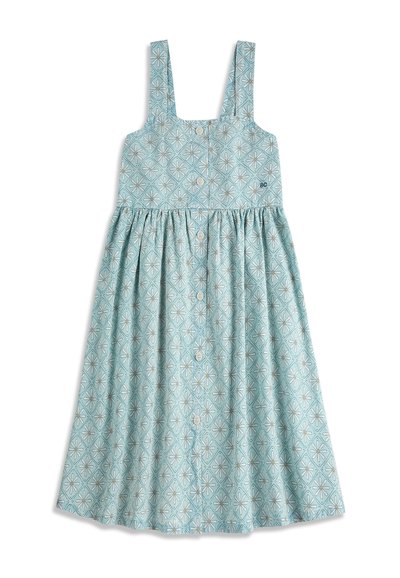 Svetlomodré šaty bez rukávov so zapínaním na gombíky vpredu a geometrickým kvetinovým vzorom v bielej a žltej farbe, s širokými ramennými popruhmi a naberaným pásom.